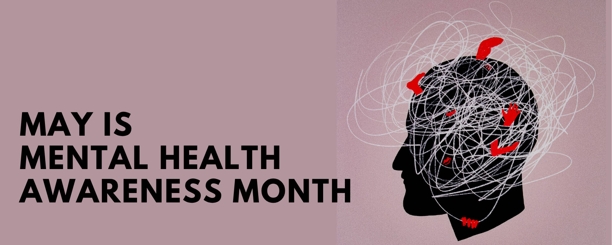 Title image for the blog "May is Mental Health Awareness Month" with an image of a painting of ahead with lines circuling the top of it with red marks.